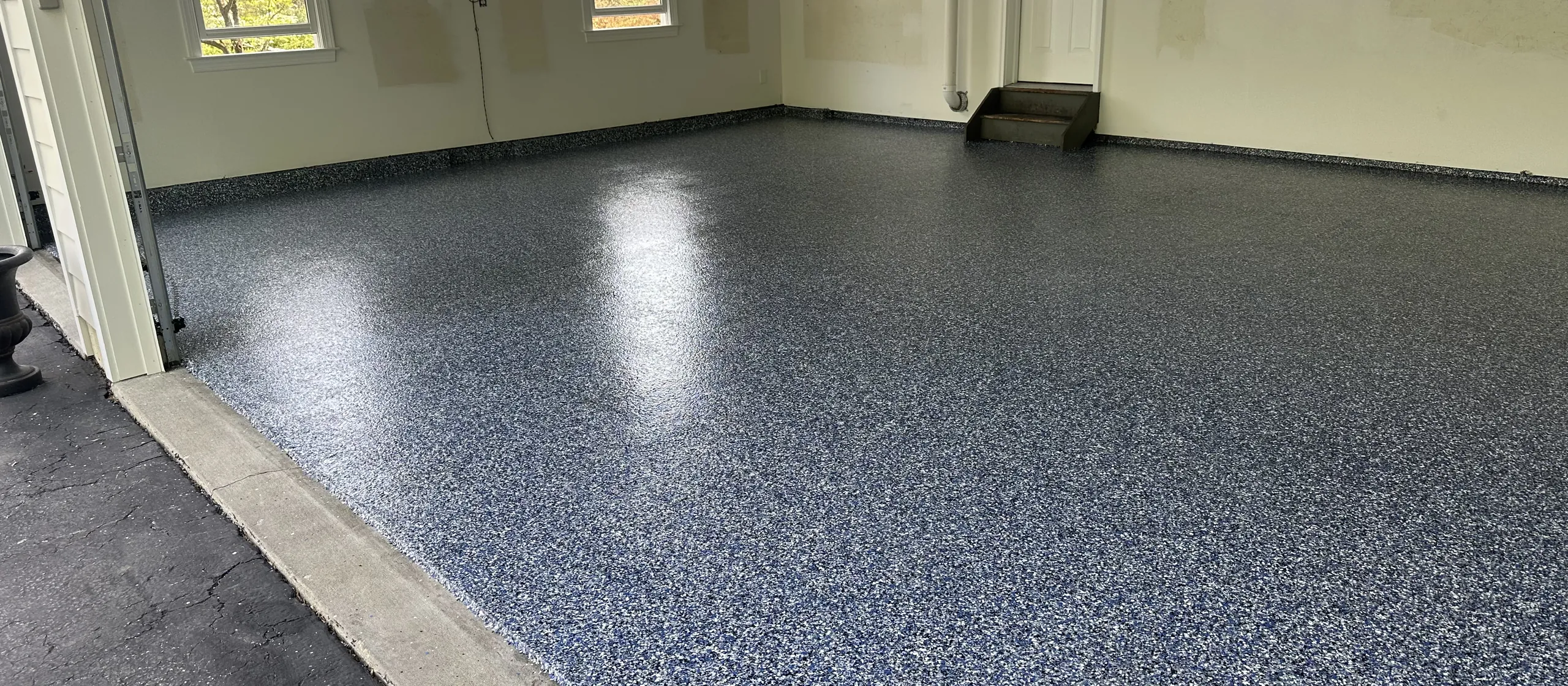 Finished flake epoxy two-car garage floor by Liberty Epoxy