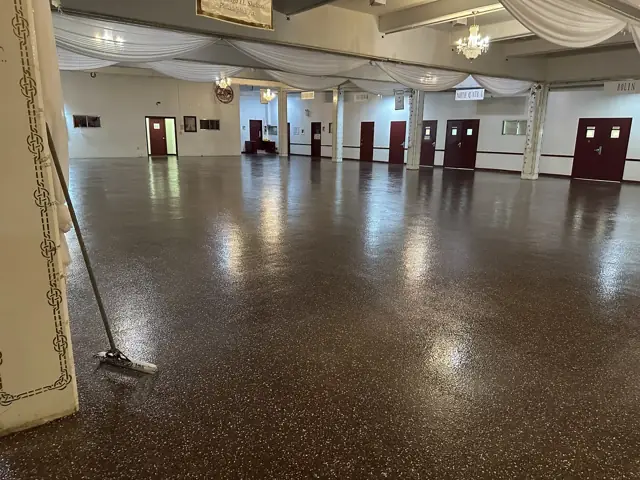 Church banquet hall after a flake epoxy floor