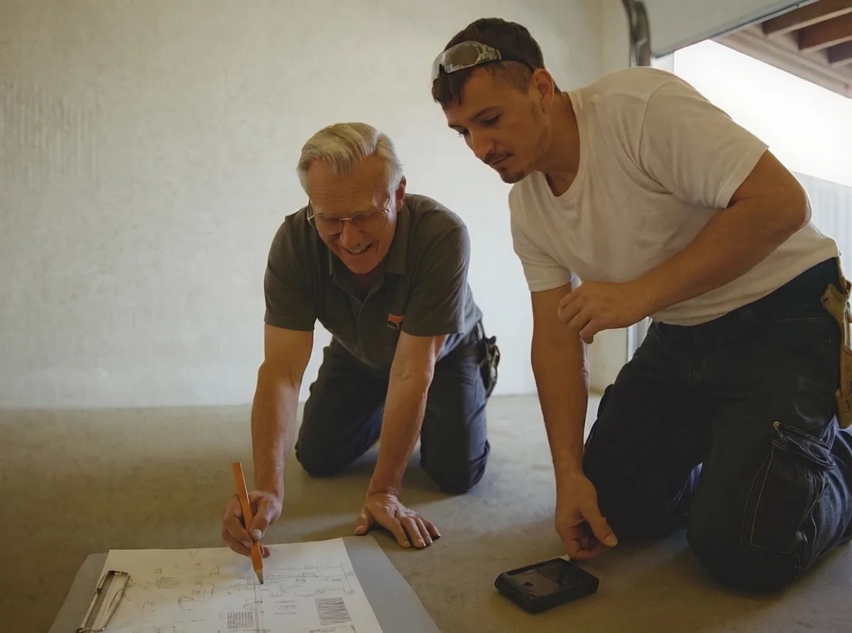 Two flooring contractors kneeling over prep plans in a residential garage
