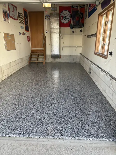 Domino flake epoxy garage floor