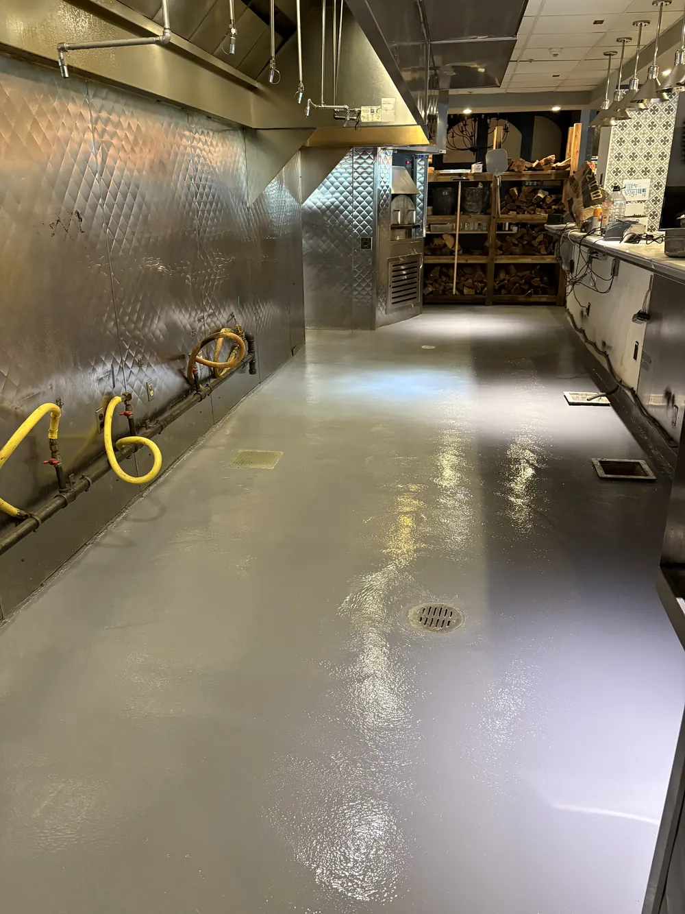 Commercial kitchen line floor after urethane cement installation